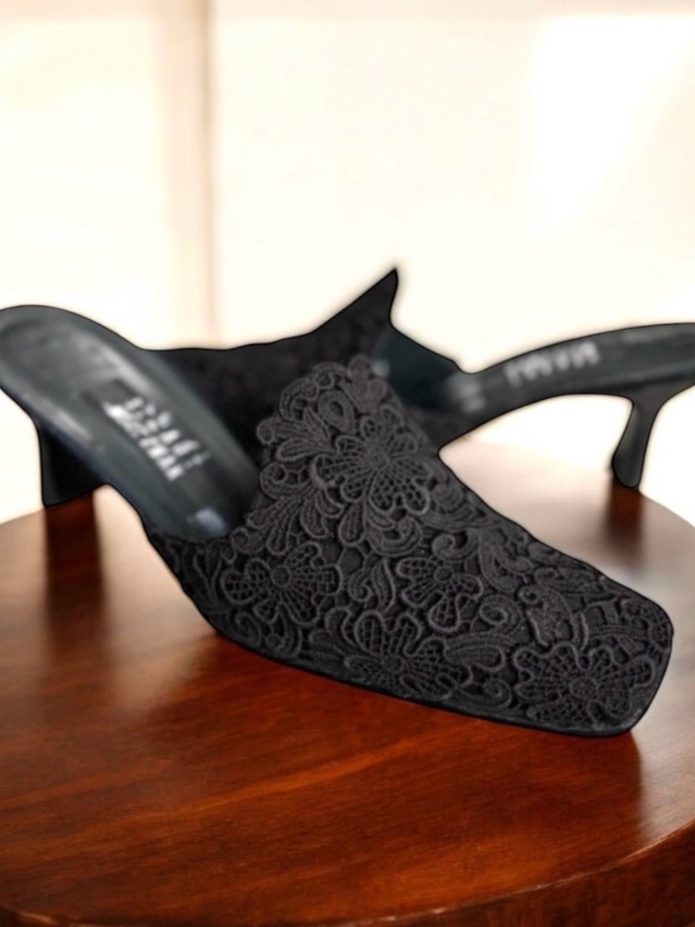 Stuart Weitzman Vintage Lace Mules Sandals Black Heel, fit is slightly small